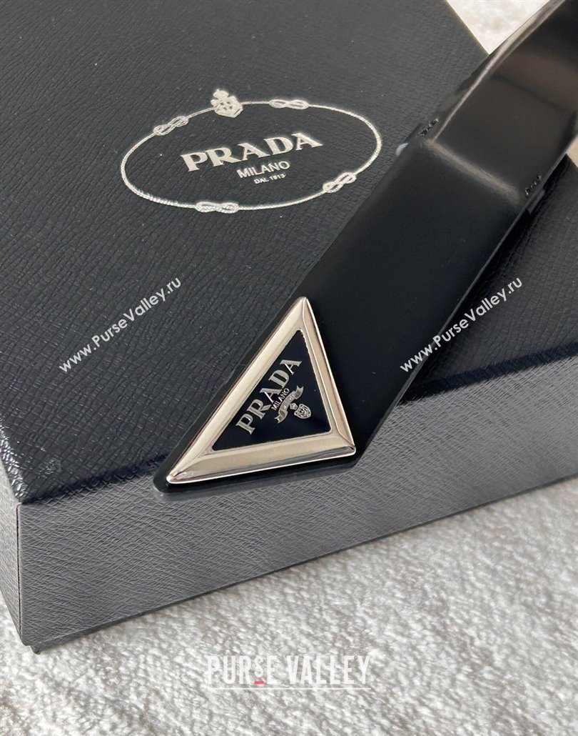 Prada Men Shiny Leather Belt 3.5cm with Tiangle Buckle Black/Silver 2025 0315 (99-250315020)