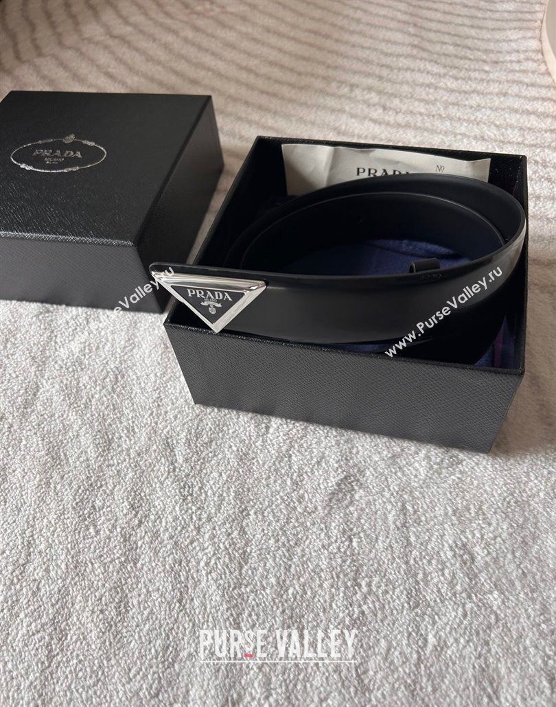 Prada Men Shiny Leather Belt 3.5cm with Tiangle Buckle Black/Silver 2025 0315 (99-250315020)