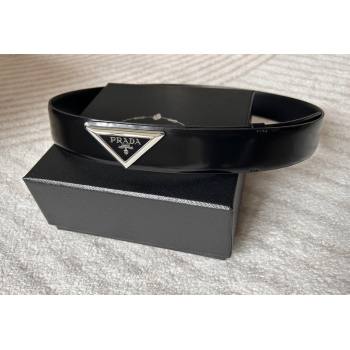 Prada Men Shiny Leather Belt 3.5cm with Tiangle Buckle Black/Silver 2025 0315 (99-250315020)