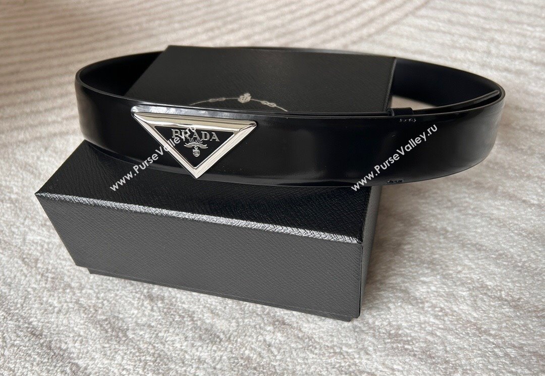 Prada Men Shiny Leather Belt 3.5cm with Tiangle Buckle Black/Silver 2025 0315 (99-250315020)