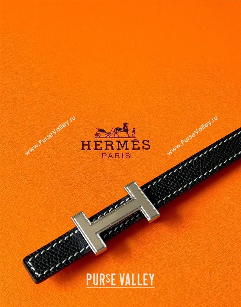 Hermes Focus belt buckle Reversible leather strap 1.3cm Black/Silver 2025 0314 (99-250314114)