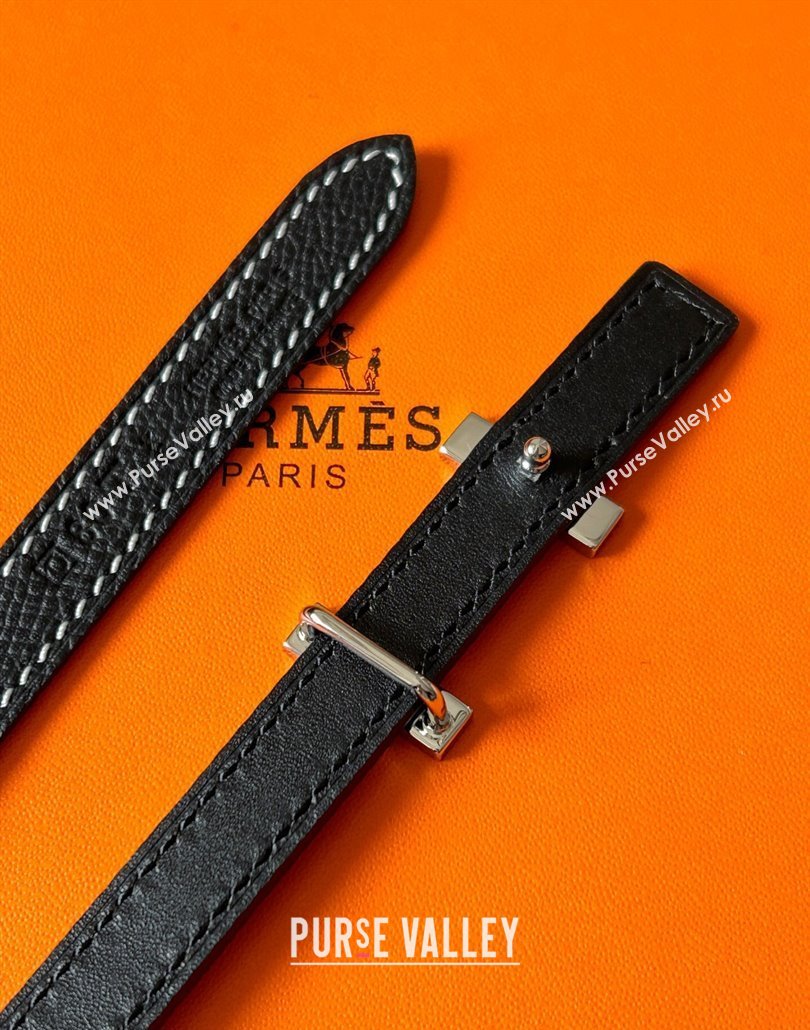 Hermes Focus belt buckle Reversible leather strap 1.3cm Black/Silver 2025 0314 (99-250314114)
