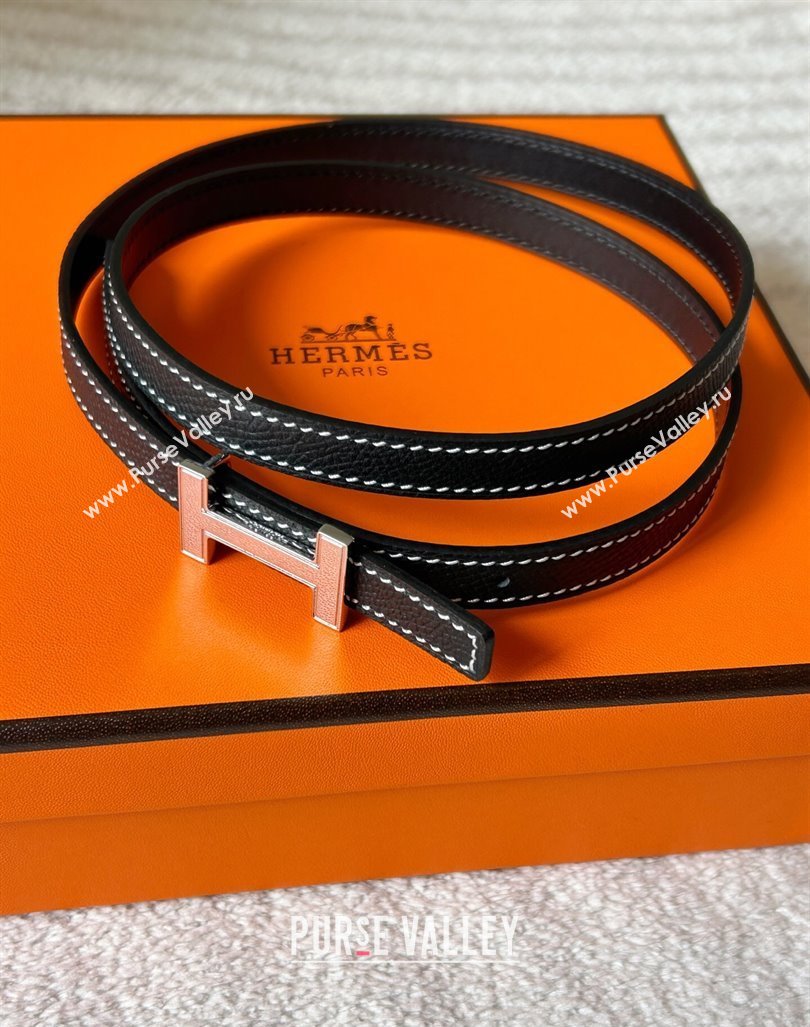 Hermes Focus belt buckle Reversible leather strap 1.3cm Black/Silver 2025 0314 (99-250314114)