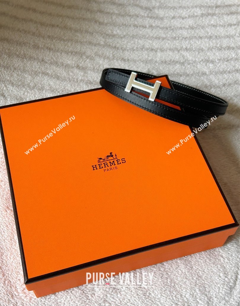 Hermes Focus belt buckle Reversible leather strap 1.3cm Black/Silver 2025 0314 (99-250314114)