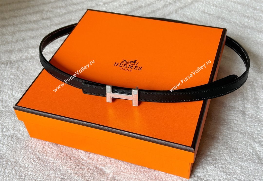Hermes Focus belt buckle Reversible leather strap 1.3cm Black/Silver 2025 0314 (99-250314114)