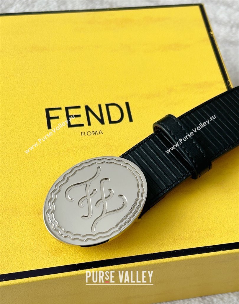 Fendi Mens Striped Calfskin Belt 3.4cm Black/Silver 2025 0315 (99-250315011)