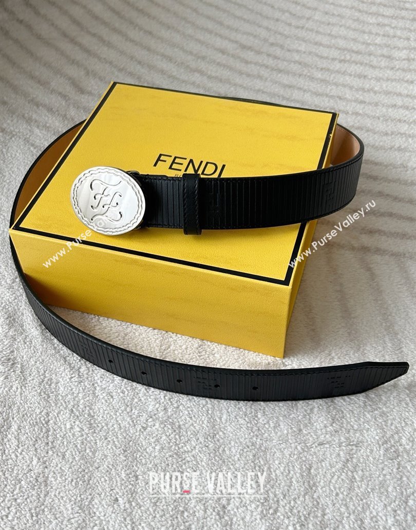 Fendi Mens Striped Calfskin Belt 3.4cm Black/Silver 2025 0315 (99-250315011)