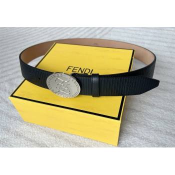 Fendi Mens Striped Calfskin Belt 3.4cm Black/Silver 2025 0315 (99-250315011)