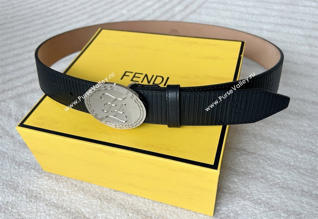 Fendi Mens Striped Calfskin Belt 3.4cm Black/Silver 2025 0315 (99-250315011)