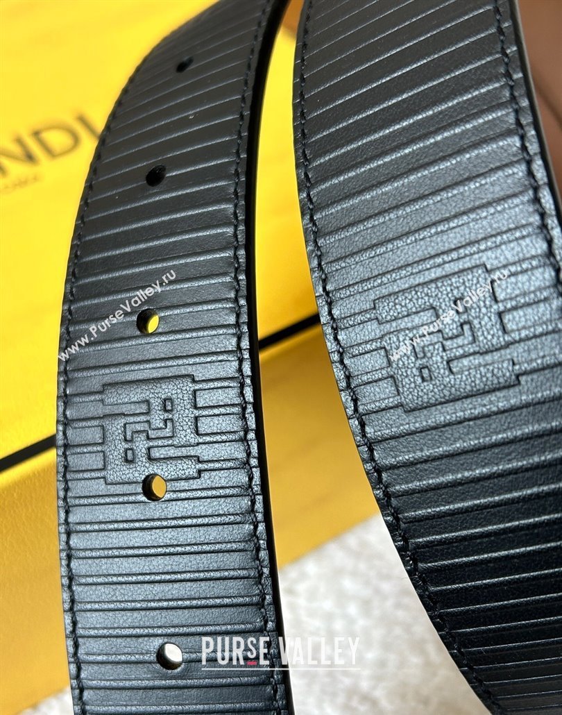 Fendi Mens Striped Calfskin Belt 3.4cm Black/Silver 2025 0315 (99-250315011)