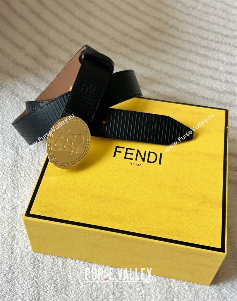Fendi Mens Striped Calfskin Belt 3.4cm Black/Gold 2025 0315 (99-250315012)