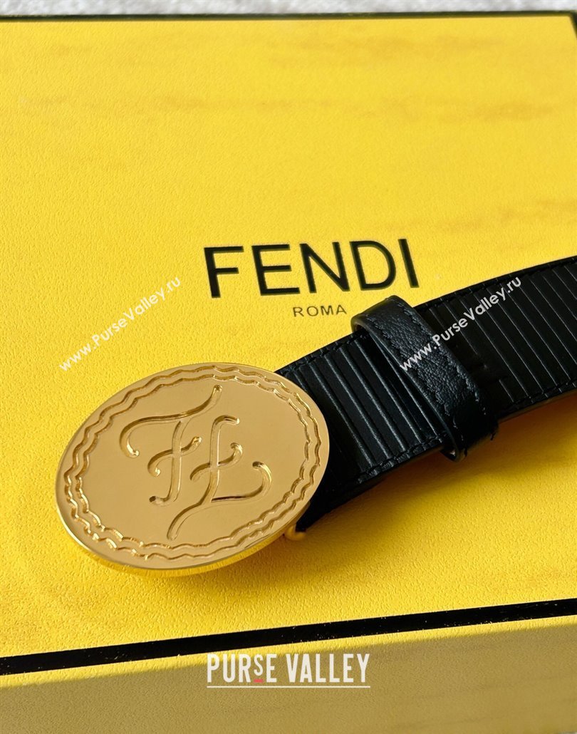 Fendi Mens Striped Calfskin Belt 3.4cm Black/Gold 2025 0315 (99-250315012)