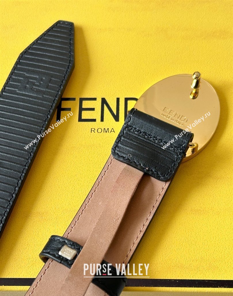 Fendi Mens Striped Calfskin Belt 3.4cm Black/Gold 2025 0315 (99-250315012)