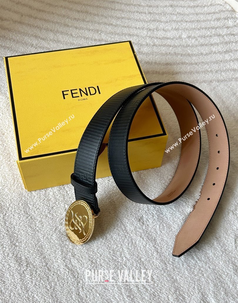 Fendi Mens Striped Calfskin Belt 3.4cm Black/Gold 2025 0315 (99-250315012)