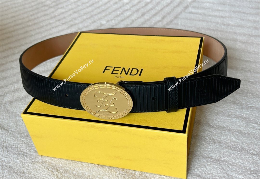 Fendi Mens Striped Calfskin Belt 3.4cm Black/Gold 2025 0315 (99-250315012)