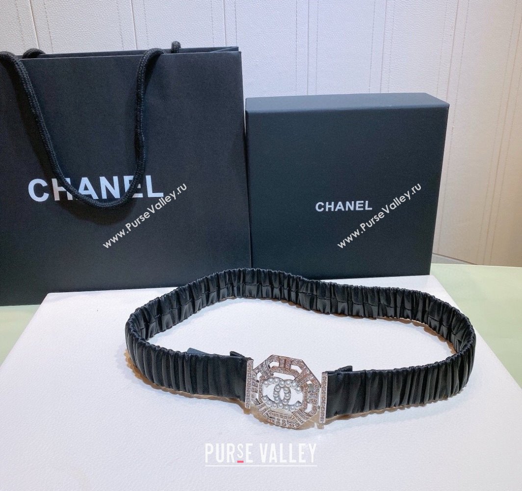 Chanel Stretch Soft Calfskin Belt 3cm with Strass and Pearls Buckle Black/Rose Gold 2025 0315 (99-250315021)