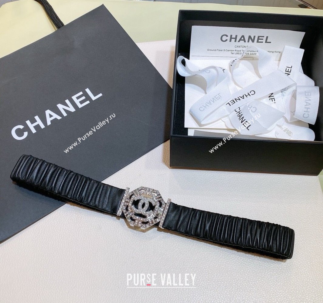 Chanel Stretch Soft Calfskin Belt 3cm with Strass and Pearls Buckle Black/Rose Gold 2025 0315 (99-250315021)