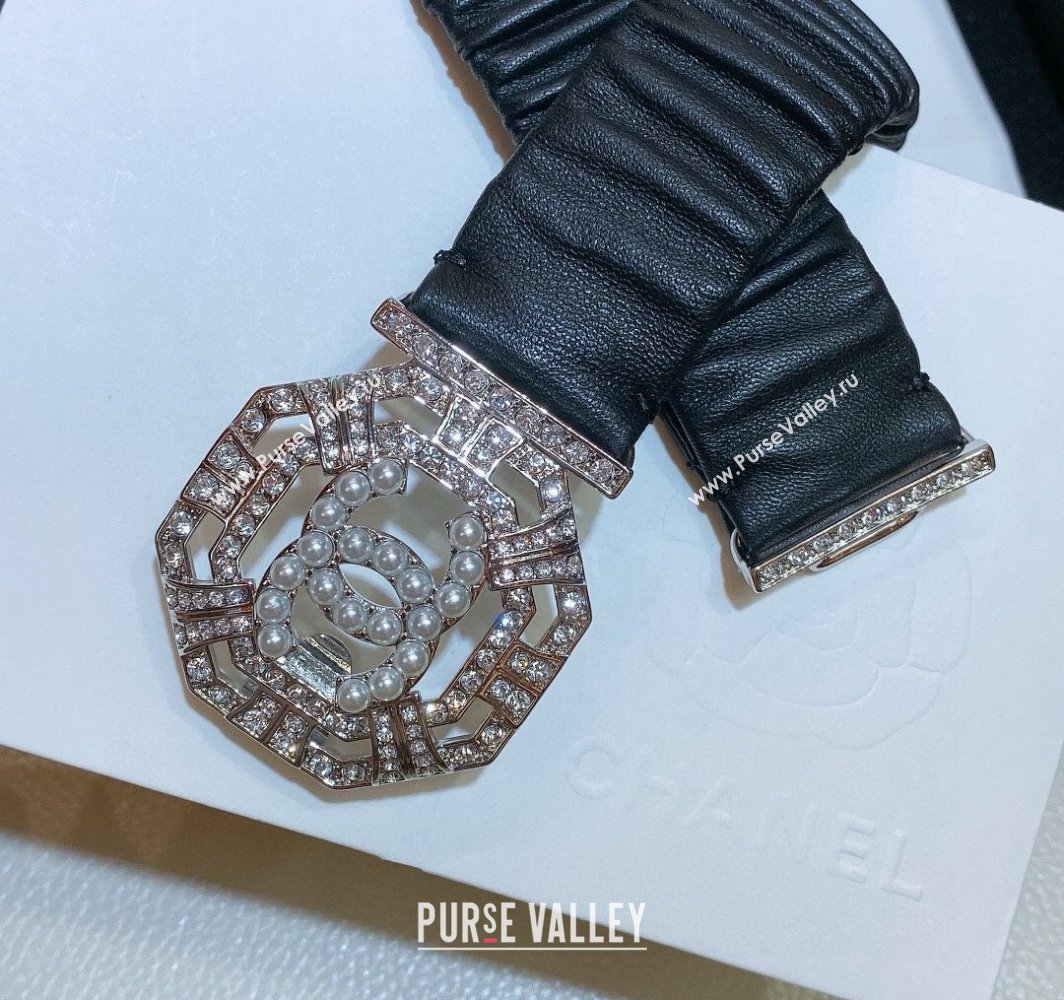 Chanel Stretch Soft Calfskin Belt 3cm with Strass and Pearls Buckle Black/Rose Gold 2025 0315 (99-250315021)