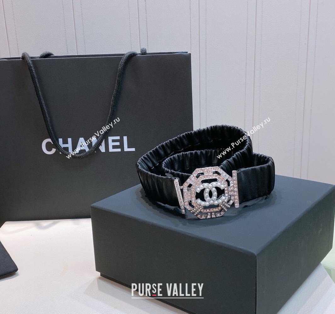 Chanel Stretch Soft Calfskin Belt 3cm with Strass and Pearls Buckle Black/Rose Gold 2025 0315 (99-250315021)