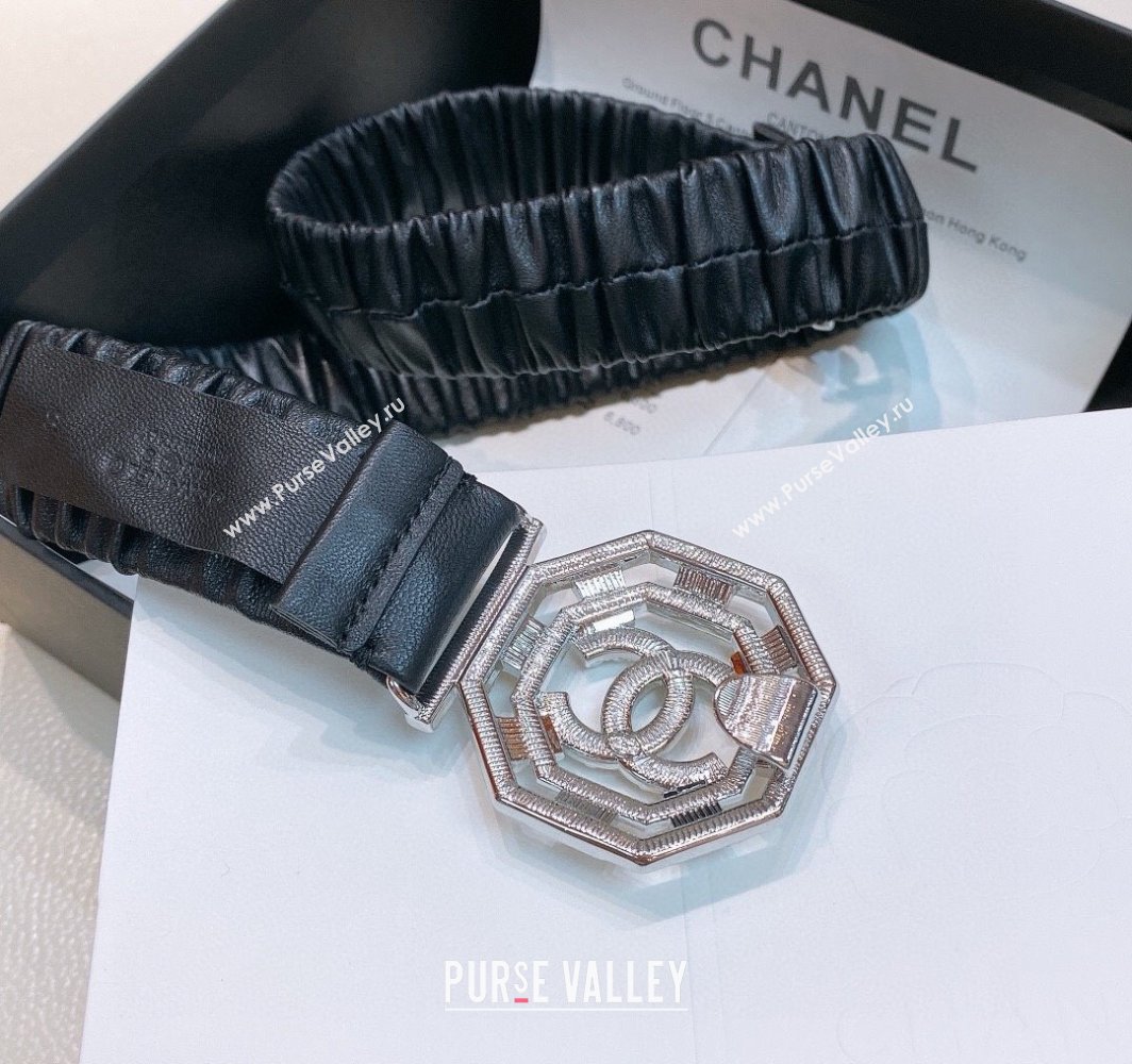 Chanel Stretch Soft Calfskin Belt 3cm with Strass and Pearls Buckle Black/Rose Gold 2025 0315 (99-250315021)
