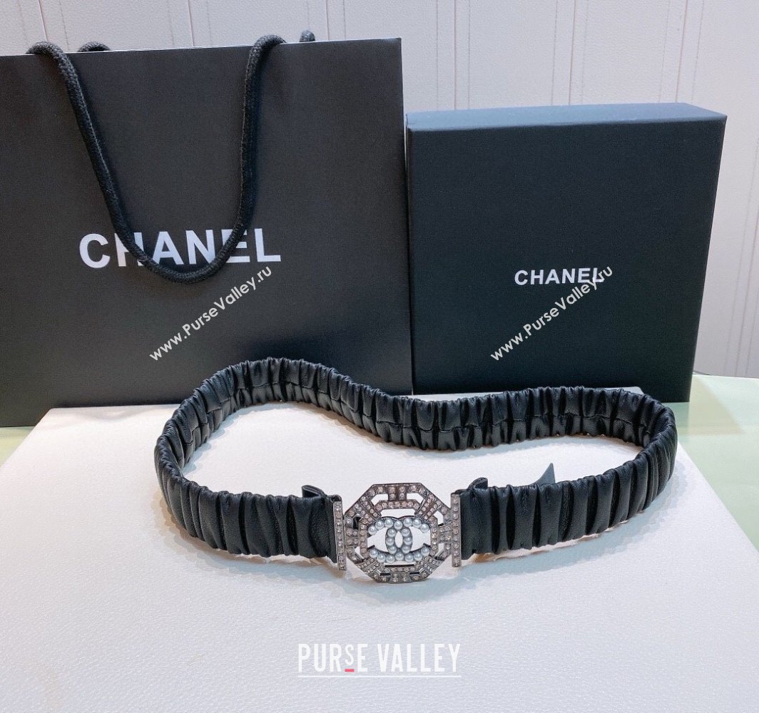 Chanel Stretch Soft Calfskin Belt 3cm with Strass and Pearls Buckle Black/Gunmetal 2025 0315 (99-250315022)