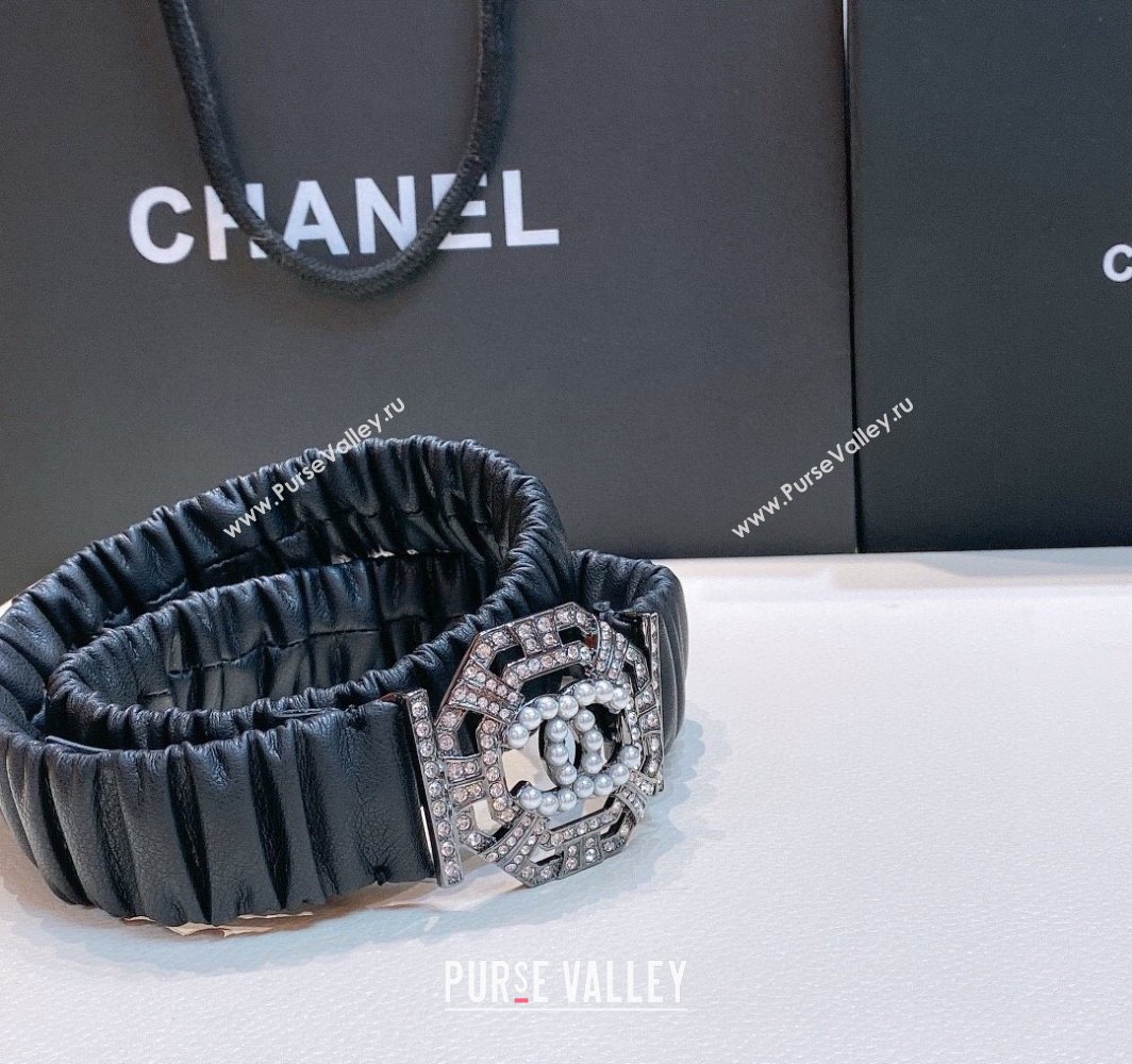 Chanel Stretch Soft Calfskin Belt 3cm with Strass and Pearls Buckle Black/Gunmetal 2025 0315 (99-250315022)