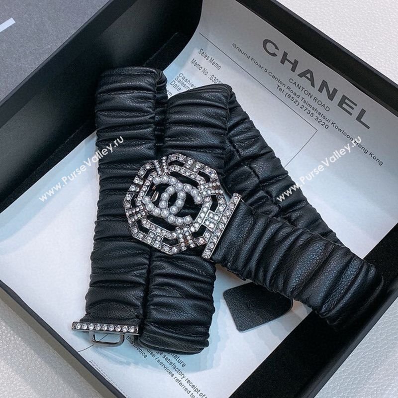 Chanel Stretch Soft Calfskin Belt 3cm with Strass and Pearls Buckle Black/Gunmetal 2025 0315 (99-250315022)
