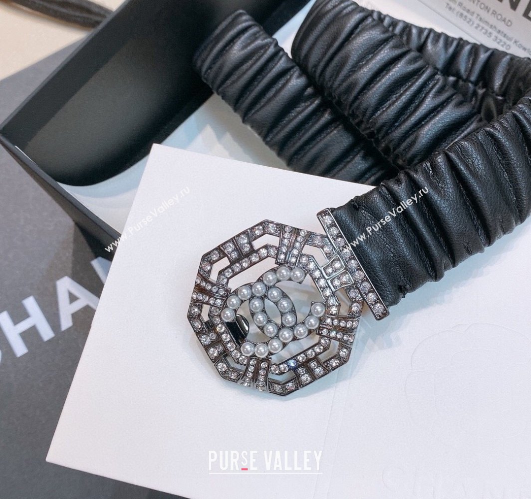 Chanel Stretch Soft Calfskin Belt 3cm with Strass and Pearls Buckle Black/Gunmetal 2025 0315 (99-250315022)