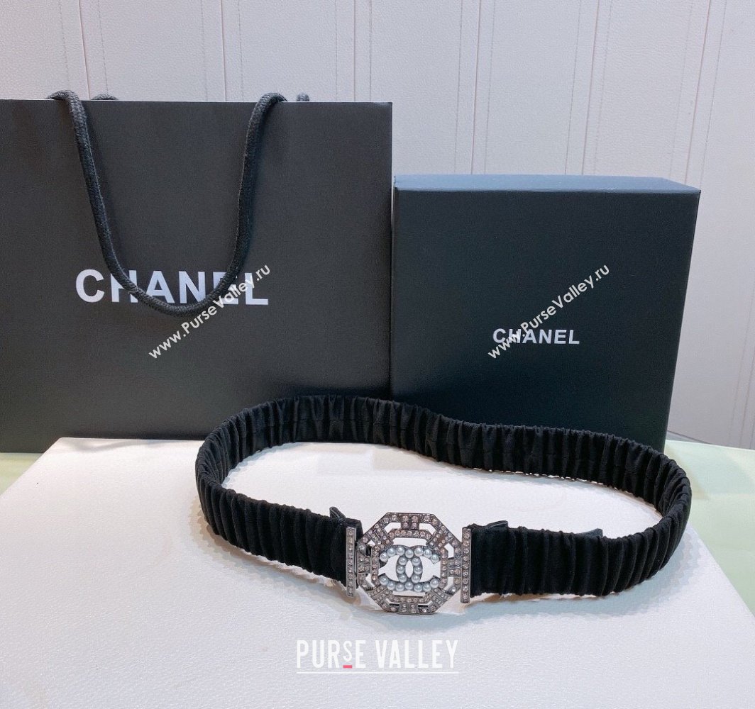 Chanel Stretch Suede Belt 3cm with Strass and Pearls Buckle Black/Gunmetal 2025 0315 (99-250315023)