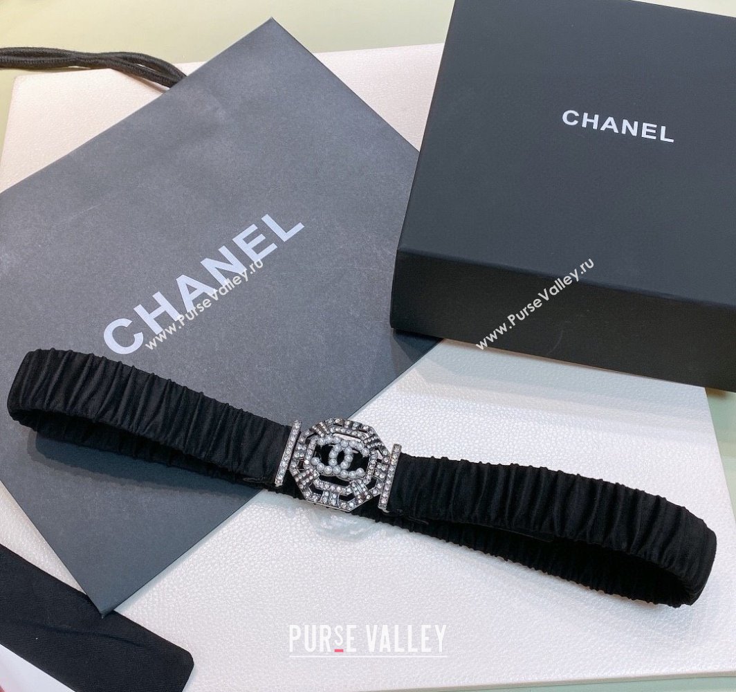Chanel Stretch Suede Belt 3cm with Strass and Pearls Buckle Black/Gunmetal 2025 0315 (99-250315023)