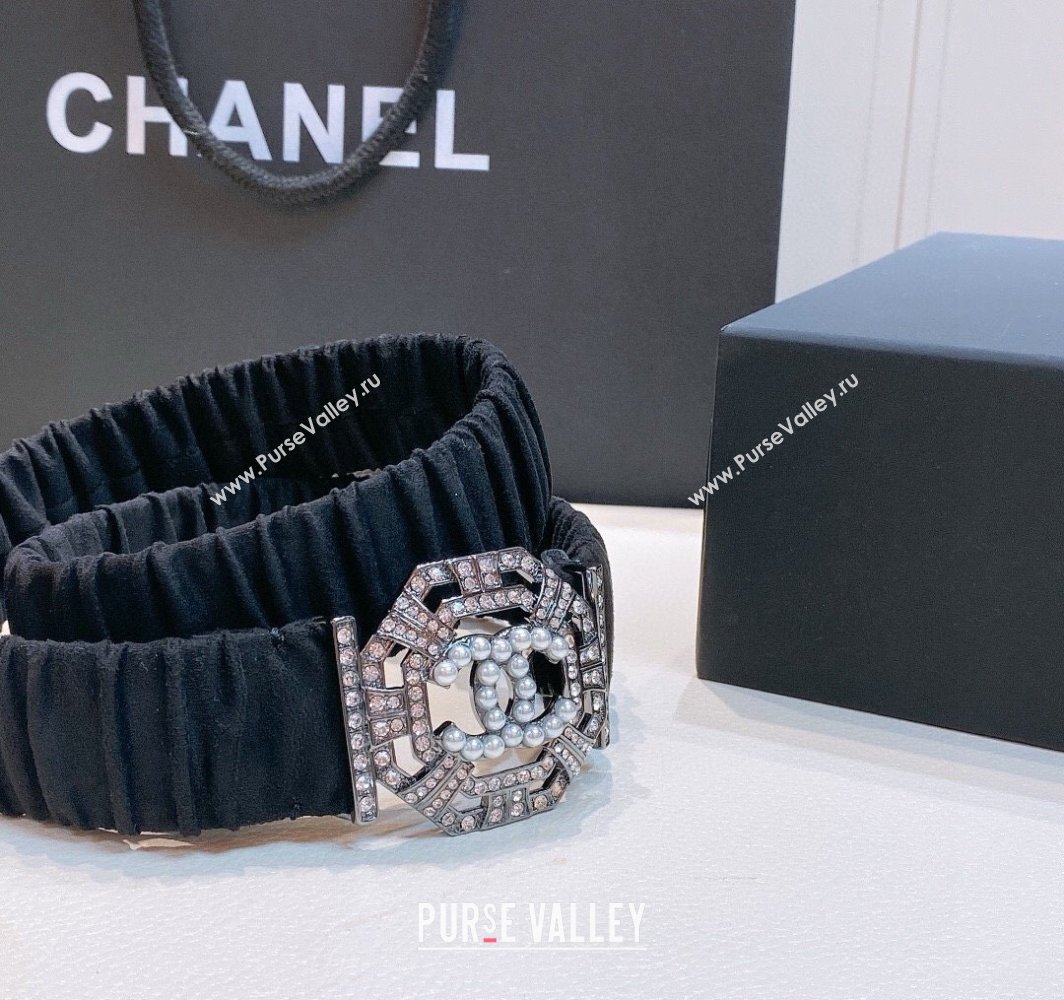 Chanel Stretch Suede Belt 3cm with Strass and Pearls Buckle Black/Gunmetal 2025 0315 (99-250315023)