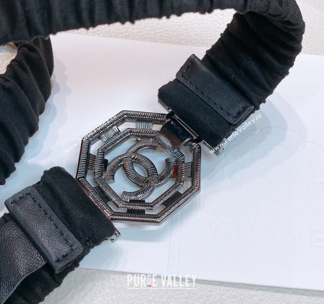 Chanel Stretch Suede Belt 3cm with Strass and Pearls Buckle Black/Gunmetal 2025 0315 (99-250315023)