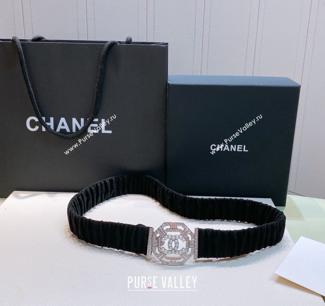 Chanel Stretch Suede Belt 3cm with Strass and Pearls Buckle Black/Silver 2025 0315 (99-250315024)