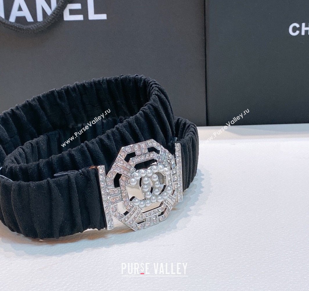 Chanel Stretch Suede Belt 3cm with Strass and Pearls Buckle Black/Silver 2025 0315 (99-250315024)