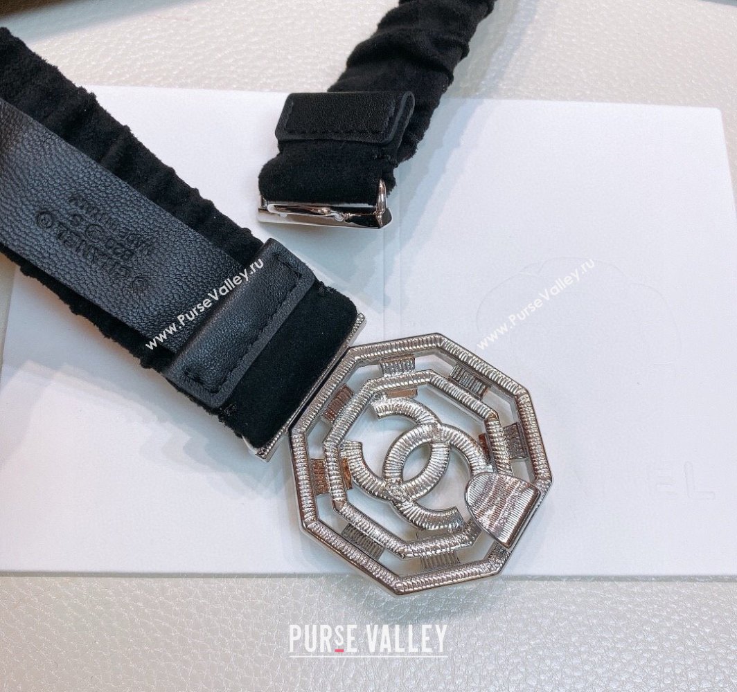 Chanel Stretch Suede Belt 3cm with Strass and Pearls Buckle Black/Silver 2025 0315 (99-250315024)