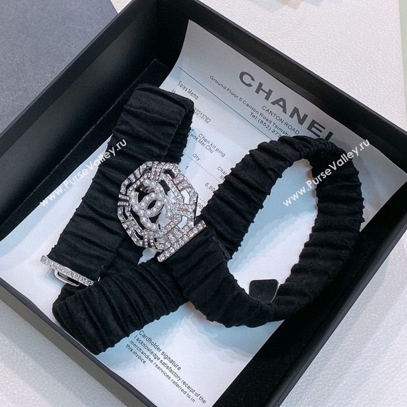 Chanel Stretch Suede Belt 3cm with Strass and Pearls Buckle Black/Silver 2025 0315 (99-250315024)