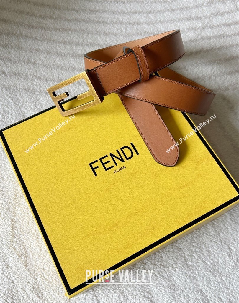 Fendi Womens Calfskin Belt 3cm with FF Buckle Brown/Aged Gold 2025 0315 (99-250315005)