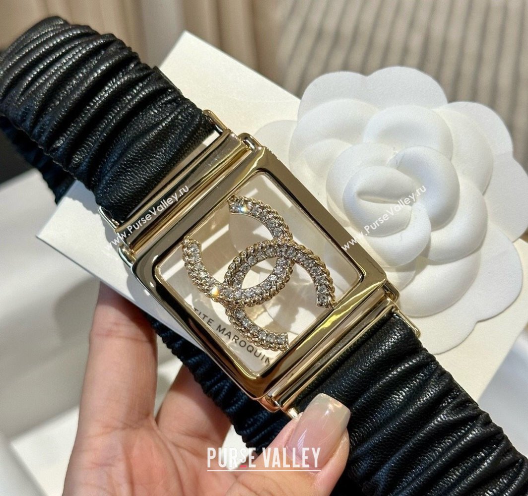 Chanel Stretch Soft Calfskin Belt 3cm with Strass Framed Buckle Black 2025 0315 (99-250315031)