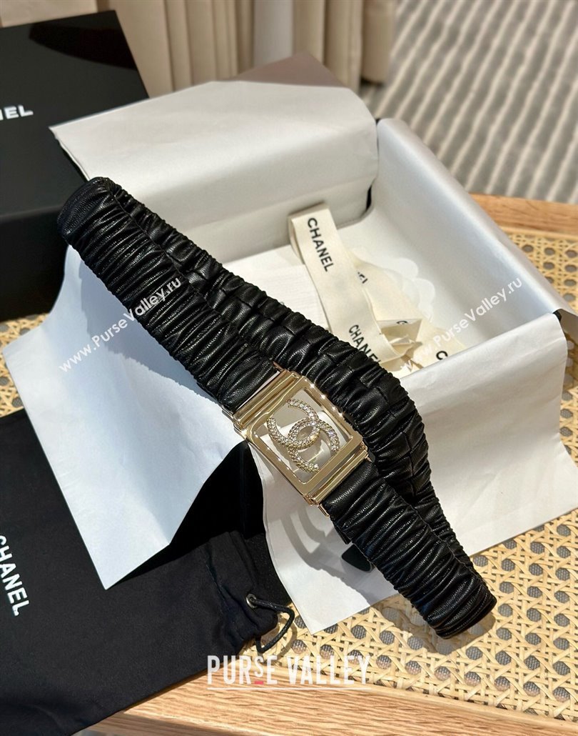 Chanel Stretch Soft Calfskin Belt 3cm with Strass Framed Buckle Black 2025 0315 (99-250315031)