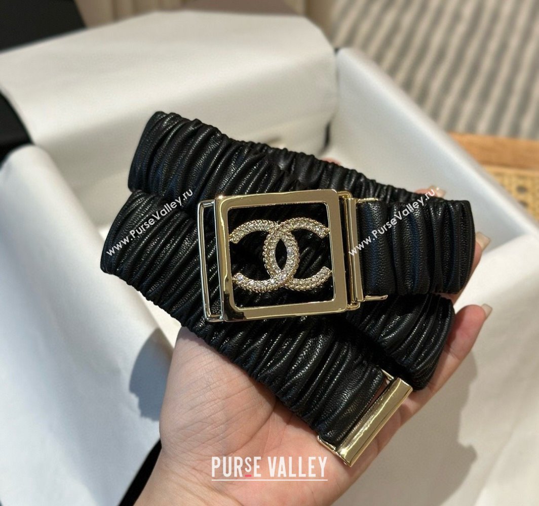 Chanel Stretch Soft Calfskin Belt 3cm with Strass Framed Buckle Black 2025 0315 (99-250315031)