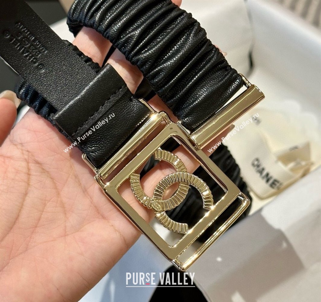 Chanel Stretch Soft Calfskin Belt 3cm with Strass Framed Buckle Black 2025 0315 (99-250315031)