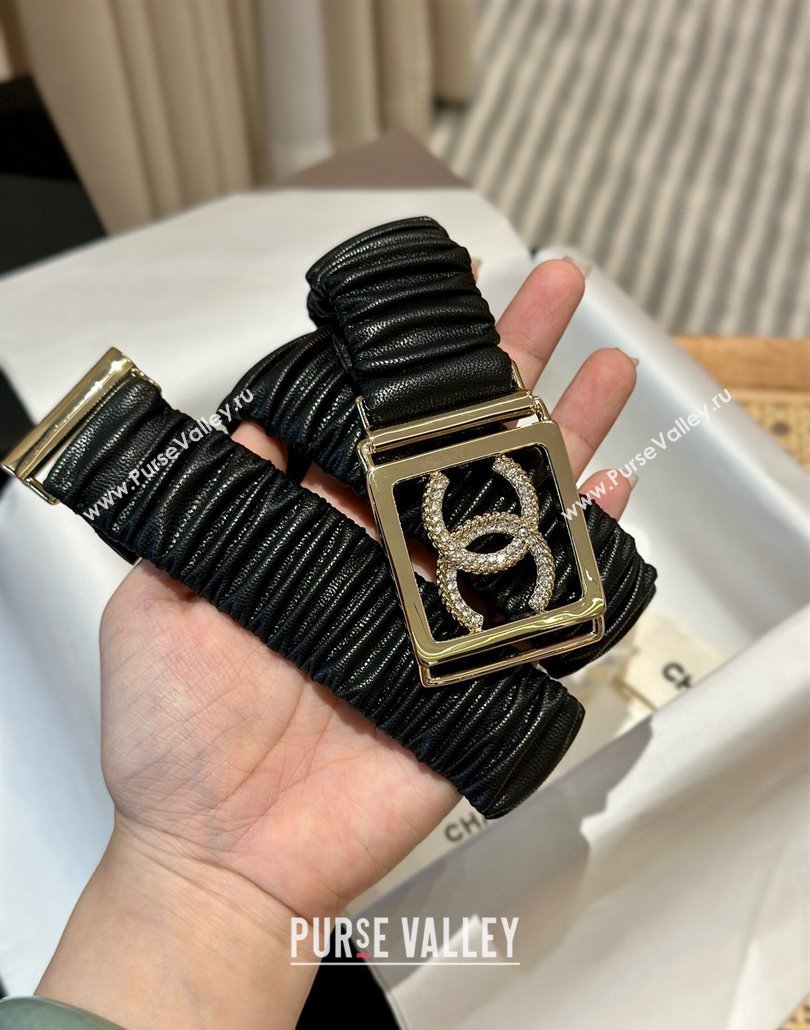 Chanel Stretch Soft Calfskin Belt 3cm with Strass Framed Buckle Black 2025 0315 (99-250315031)