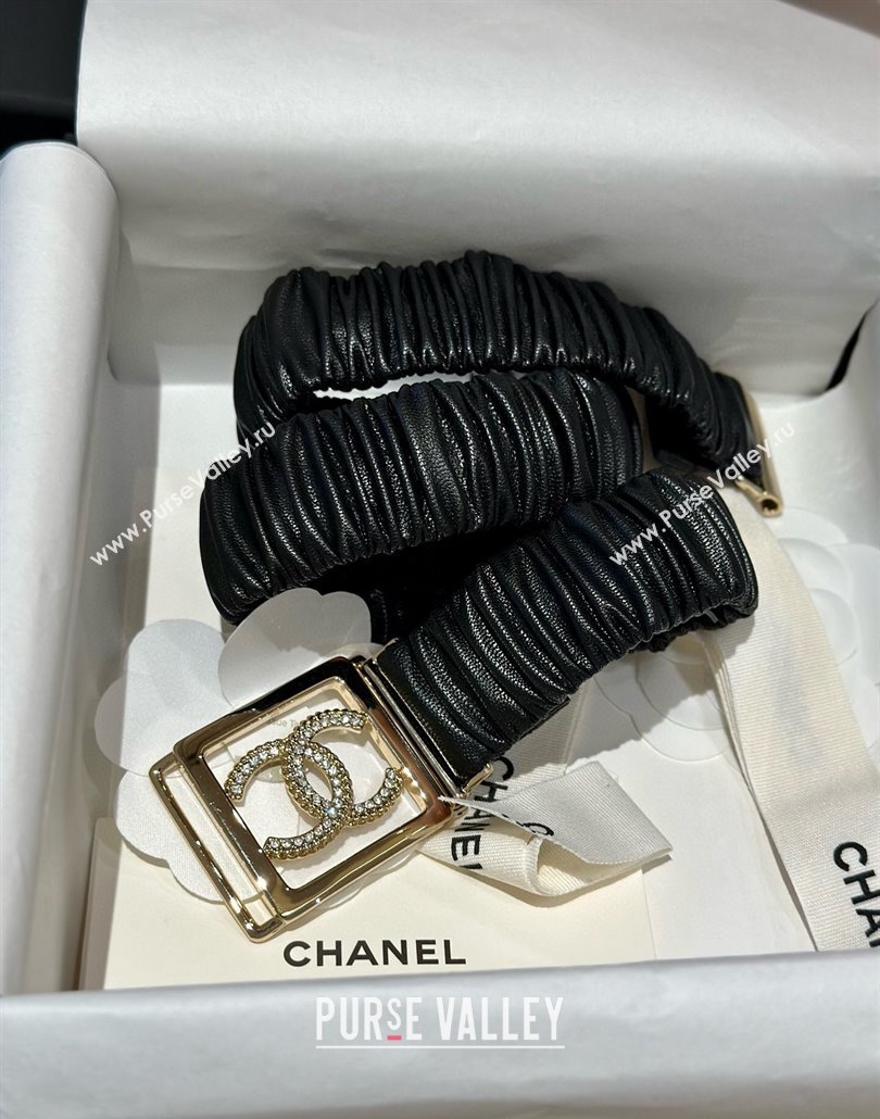Chanel Stretch Soft Calfskin Belt 3cm with Strass Framed Buckle Black 2025 0315 (99-250315031)