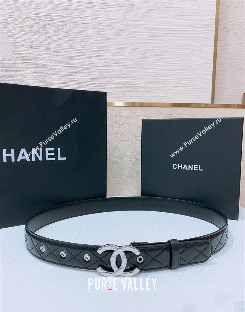 Chanel Classic Quilted Calfskin Belt 3cm with Quilted CC Buckle Black/Silver 2025 0314 (99-250315054)