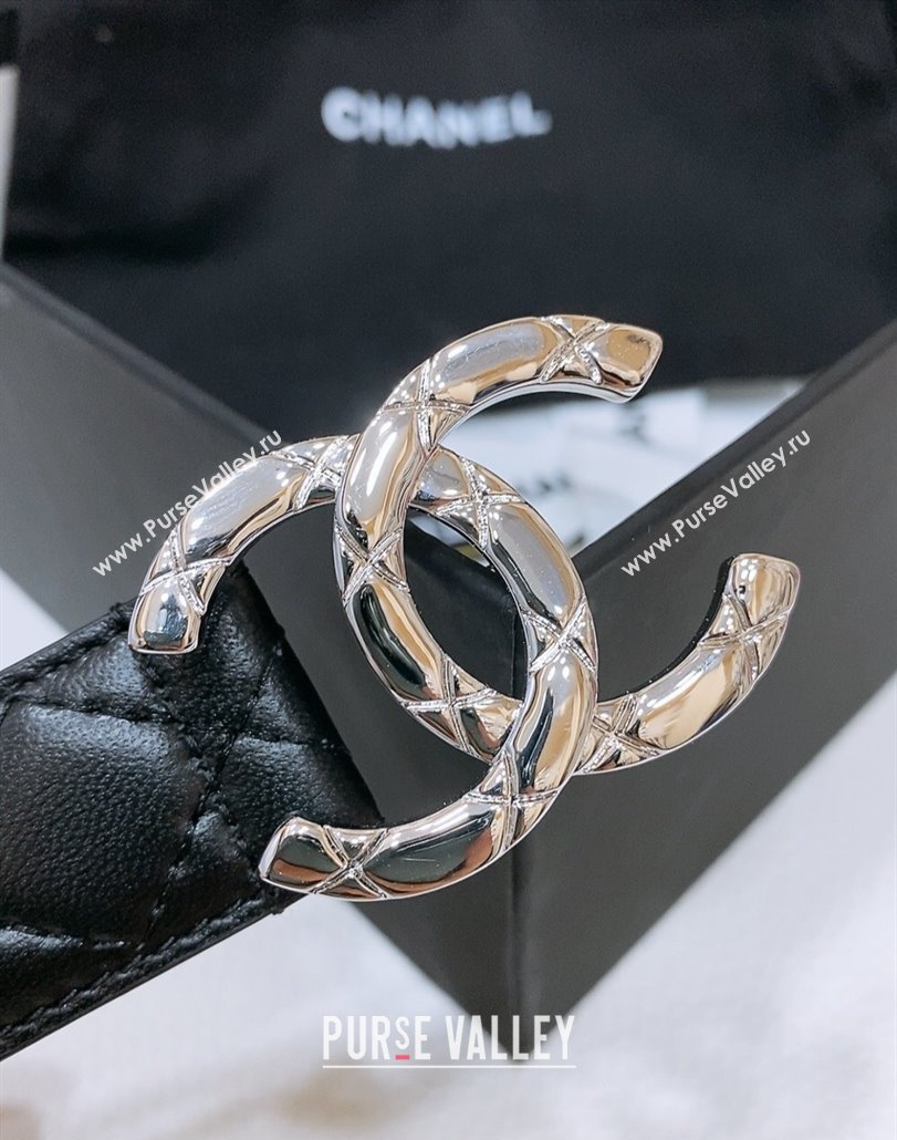 Chanel Classic Quilted Calfskin Belt 3cm with Quilted CC Buckle Black/Silver 2025 0314 (99-250315054)