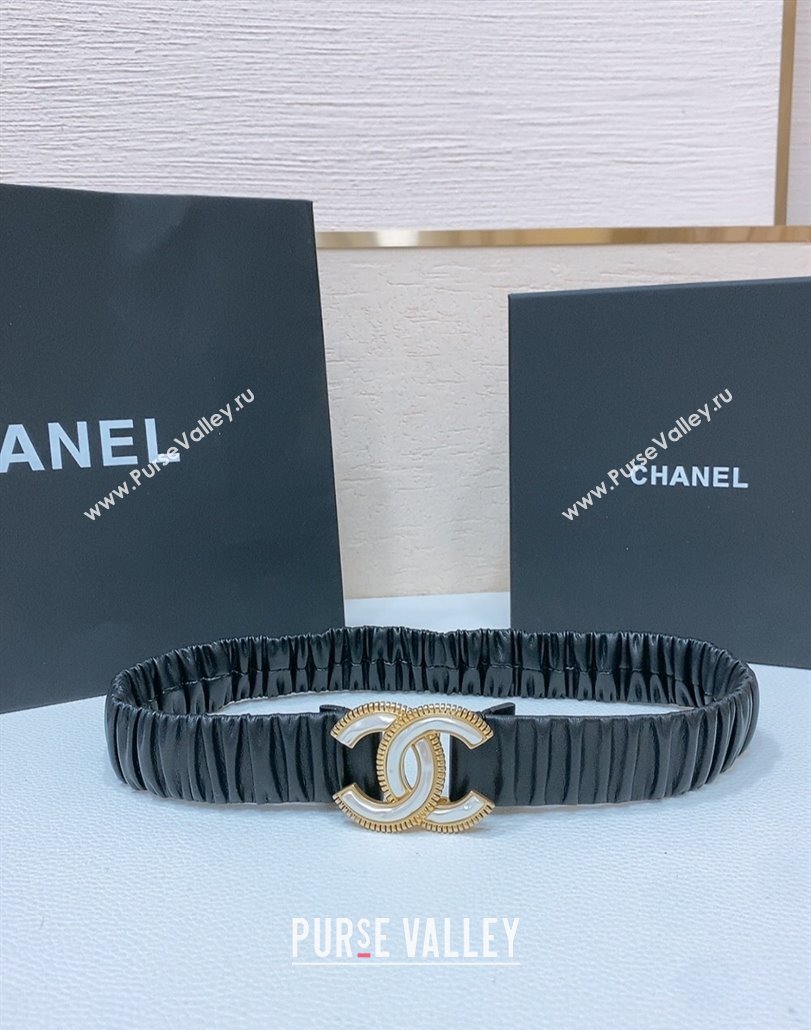 Chanel Stretch Lambskin Belt 3cm with White and Gold CC Buckle Black Leather 2025 (99-250315036)