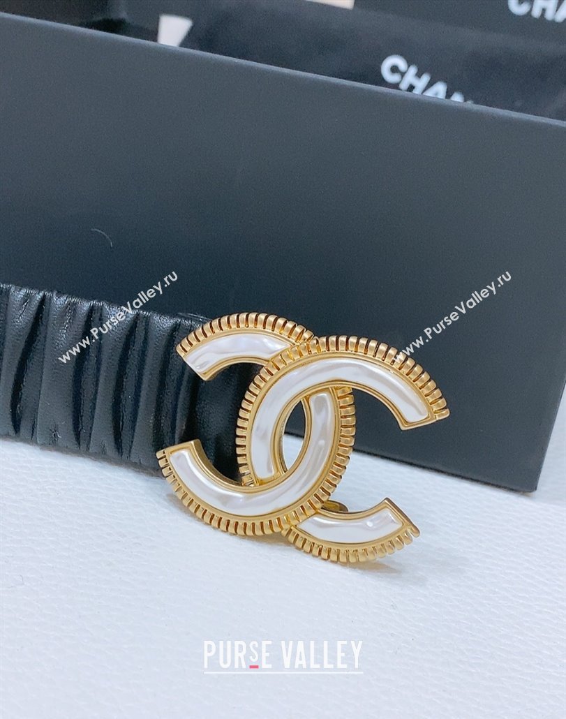 Chanel Stretch Lambskin Belt 3cm with White and Gold CC Buckle Black Leather 2025 (99-250315036)