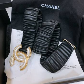 Chanel Stretch Lambskin Belt 3cm with White and Gold CC Buckle Black Leather 2025 (99-250315036)