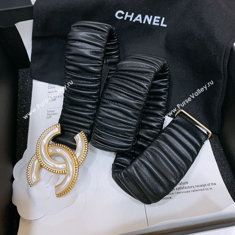 Chanel Stretch Lambskin Belt 3cm with White and Gold CC Buckle Black Leather 2025 (99-250315036)