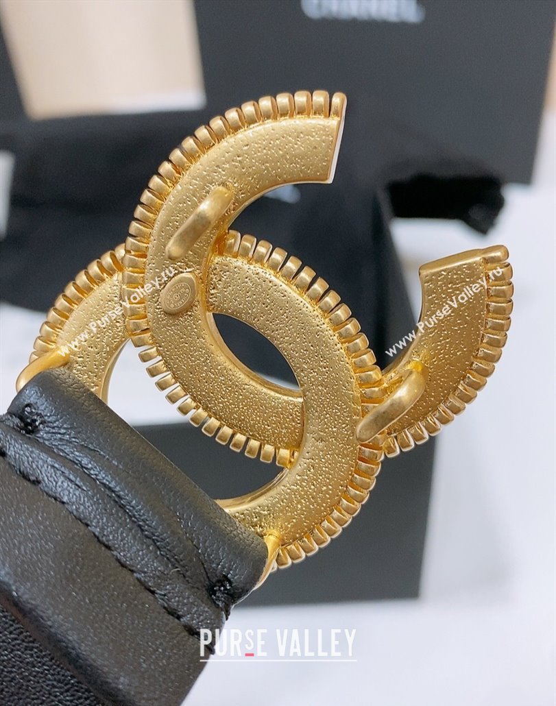 Chanel Stretch Lambskin Belt 3cm with White and Gold CC Buckle Black Leather 2025 (99-250315036)